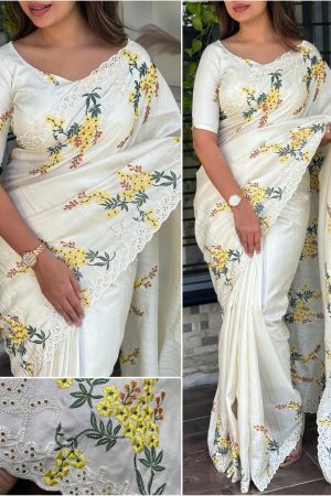 Elegant Tusser Cotton saree with Embroidery Work