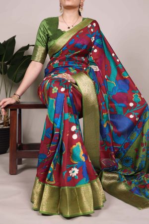 Occasional Wear Tussar Silk Printed With Zari Weaving Work Saree