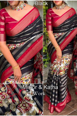 Beautiful Cotton Zari Jacquard With Hand Katha Work Saree