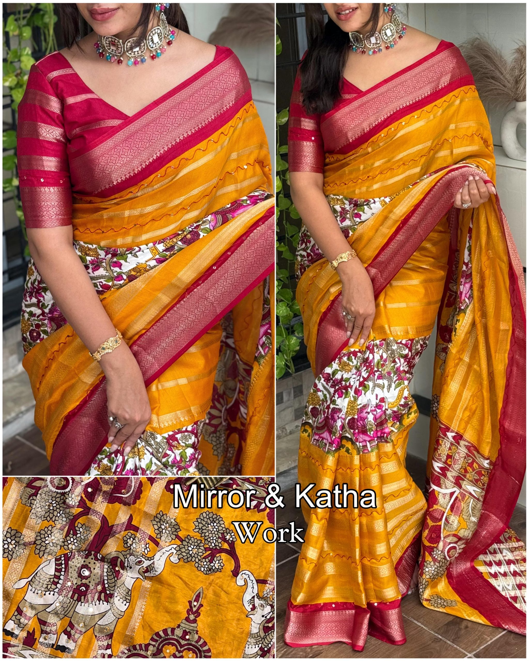Beautiful Cotton Zari Jacquard With Hand Katha Work Saree - Image 2