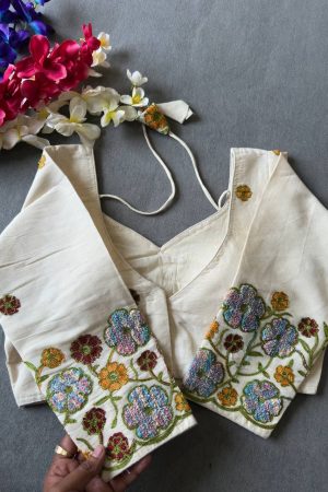 Beautiful Khadi Cotton With Chain Stitch Embroidered Blouse