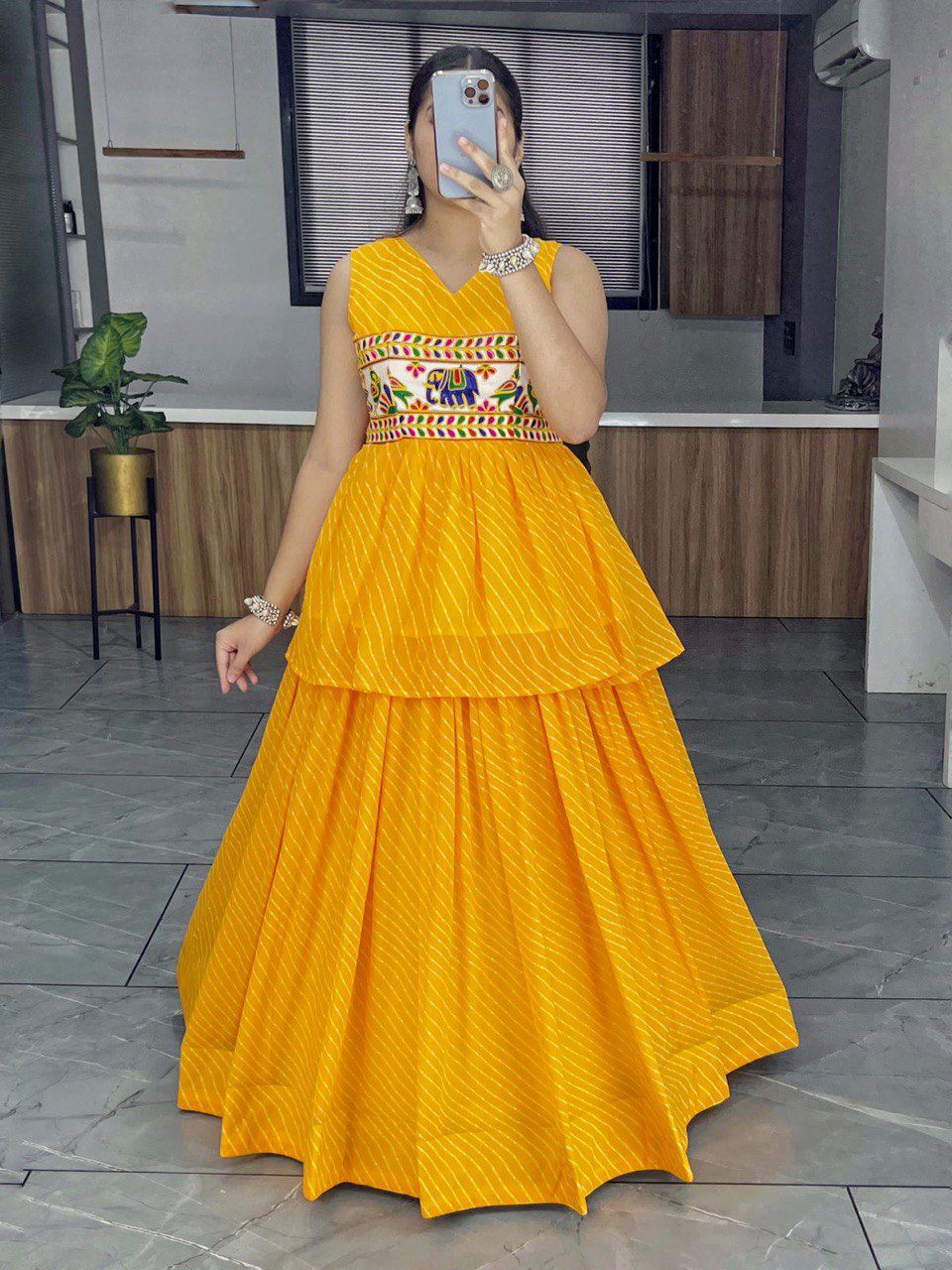 Designer Faux Gorgette Leheriya Printed With Gamthi Work Lehenga And Top - Image 5