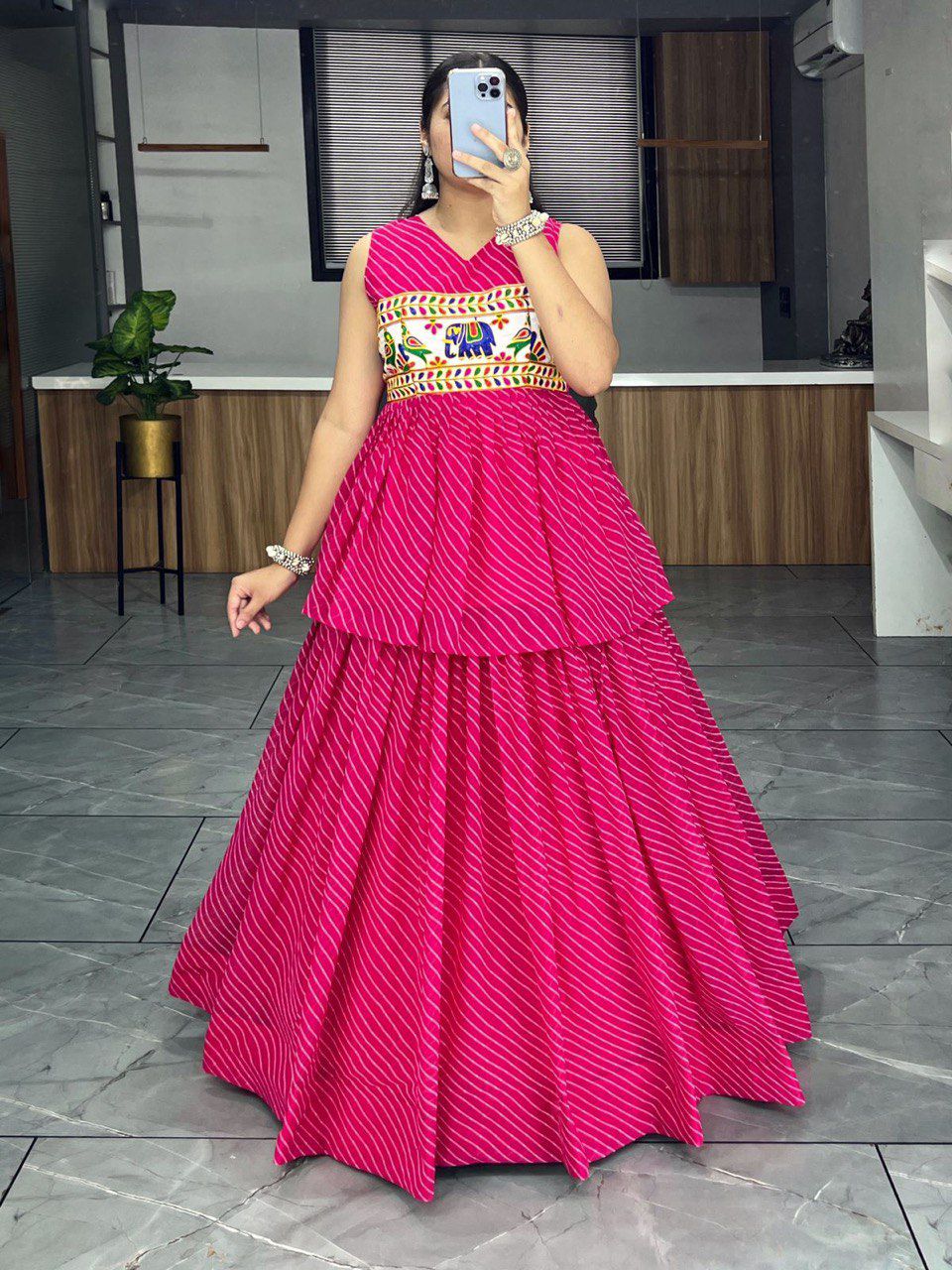 Designer Faux Gorgette Leheriya Printed With Gamthi Work Lehenga And Top - Image 13