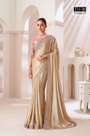 Hot Selling Satin Gold Chiffon With Embroidery Saree