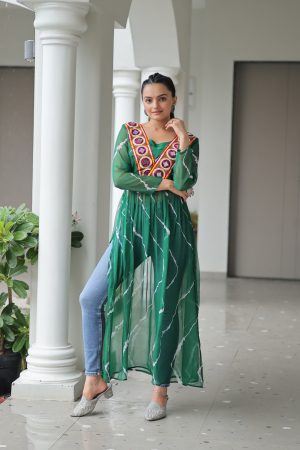 Amazing Color Georgette With Leheriya Printed And Kutchi Patch Work Kurti