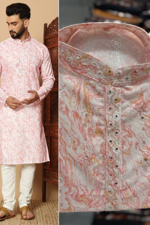 Most Trending Linen Cotton Printed With Embroidery Sequins Work Men Kurta