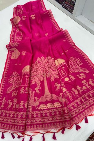 Premium Soft Muga Cotton Saree With Warli Weaving Saree