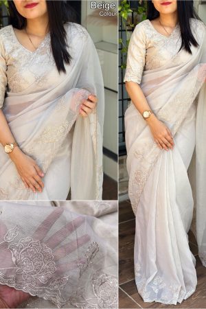Festival Wear Jute Organza With thread Embroidery Saree