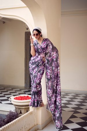 Beautiful Weightless Marble With Floral Printed With Pearl Lace Border Saree