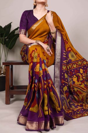 Designer Polyester Viscose Chanderi With Floral Printed And Zari Weaving Work Saree