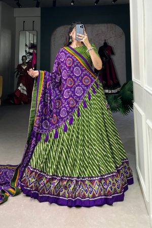Amazing Color Tussar Silk Leheriya With Patola Print Border Lehenga Choli