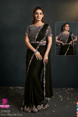Latest Satin Silk With Sequins And Beads Embroidery Ready To Wear Saree