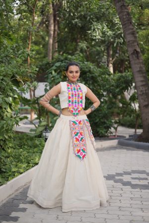 Navratri Special Kora Cotton With Attractive  Kutchi Gamthi Work With Lehenga Choli