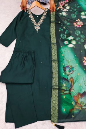 Amazing Color Premium Roman Silk With Hand Work Kurti Pant And Dupatta