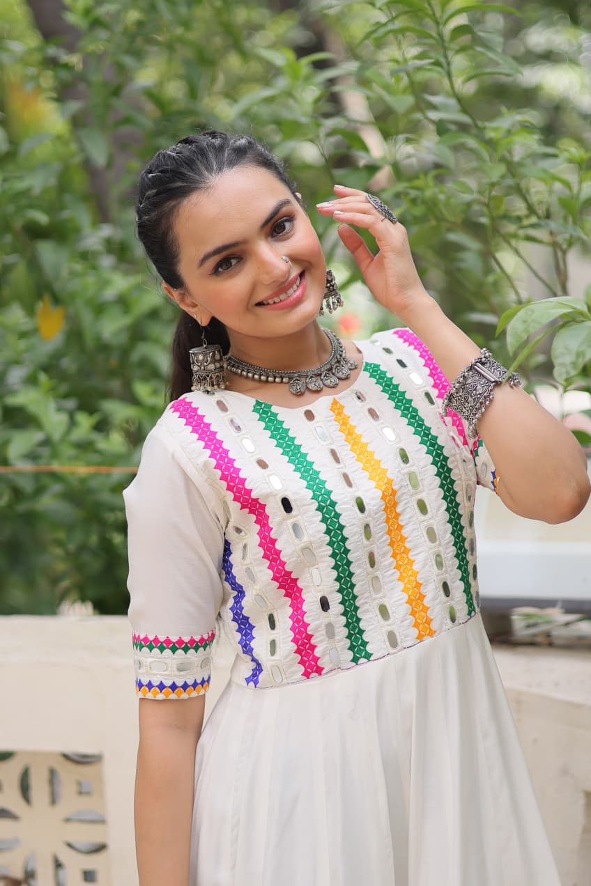 Beautiful Roman With Thread And Mirror Work Gown - Image 3