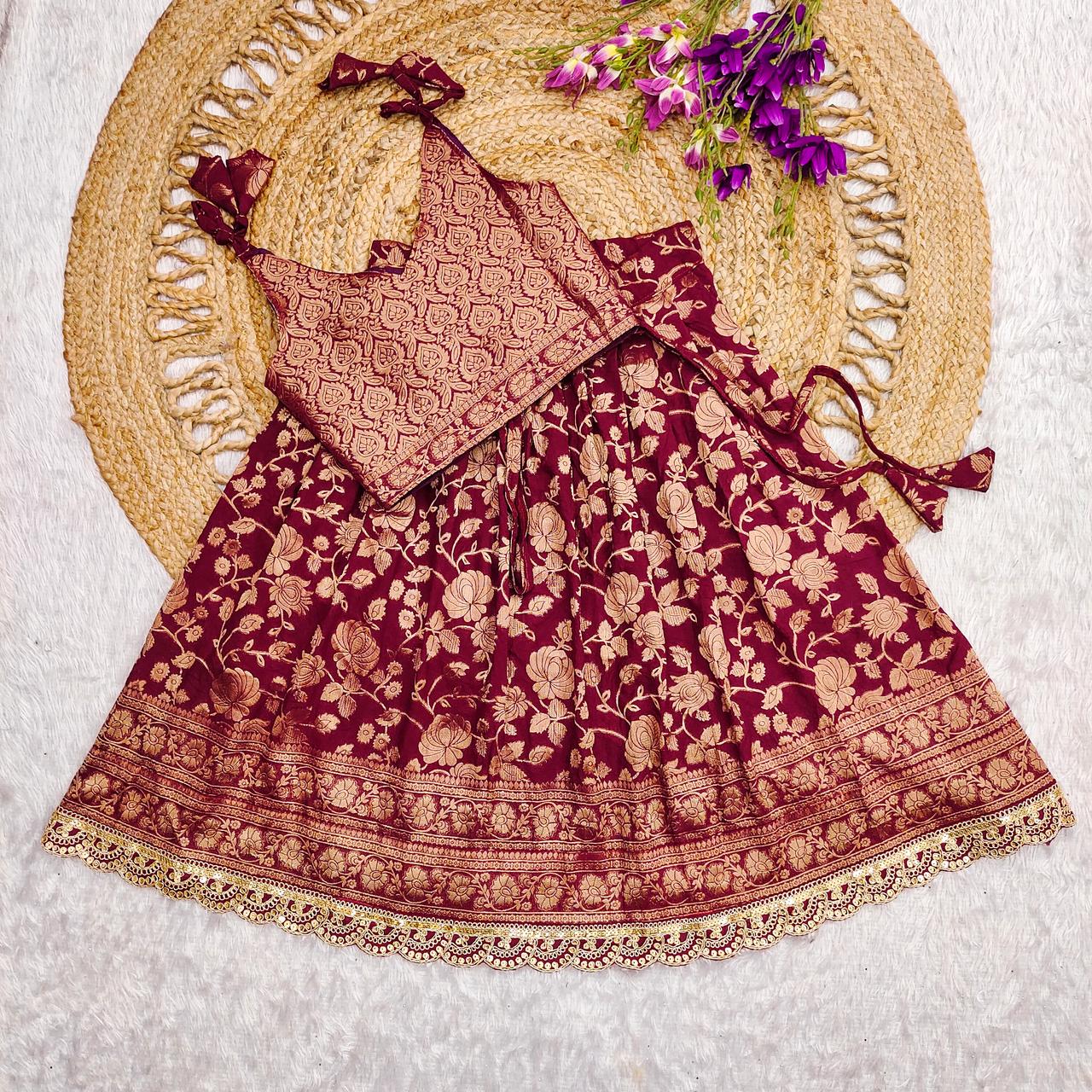 Premium Quality Khadi Georgette Silk With Weaving Kids Lehenga Choli