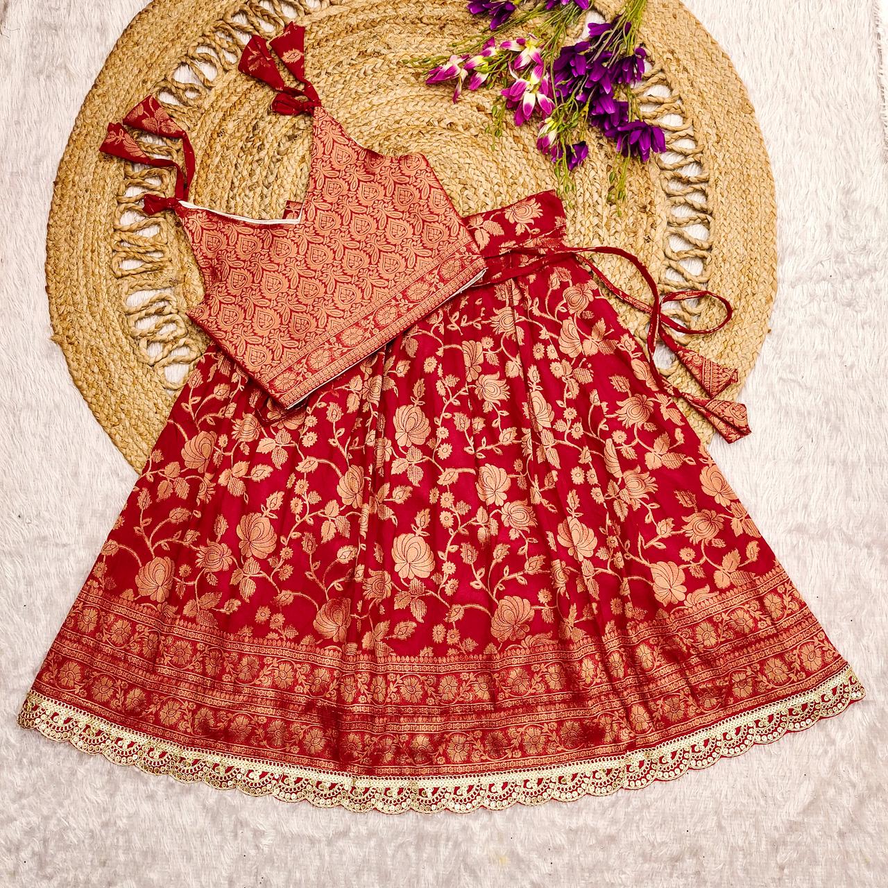 Premium Quality Khadi Georgette Silk With Weaving Kids Lehenga Choli - Image 3