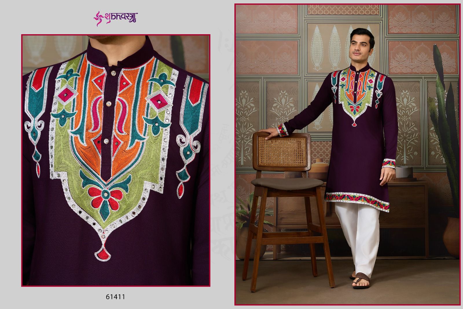 Attractive Pure Cotton With Thread And Mirror Work Kurta Pajama - Image 3