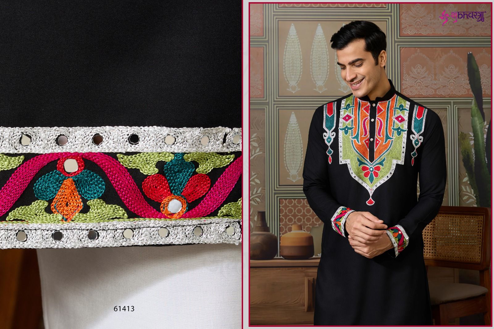 Attractive Pure Cotton With Thread And Mirror Work Kurta Pajama - Image 9