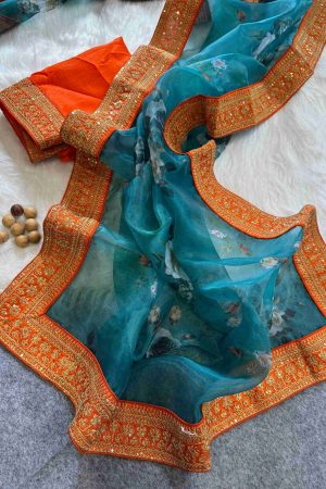 Hot Selling Organza Silk With Digital Floral Print And Sequins Saree