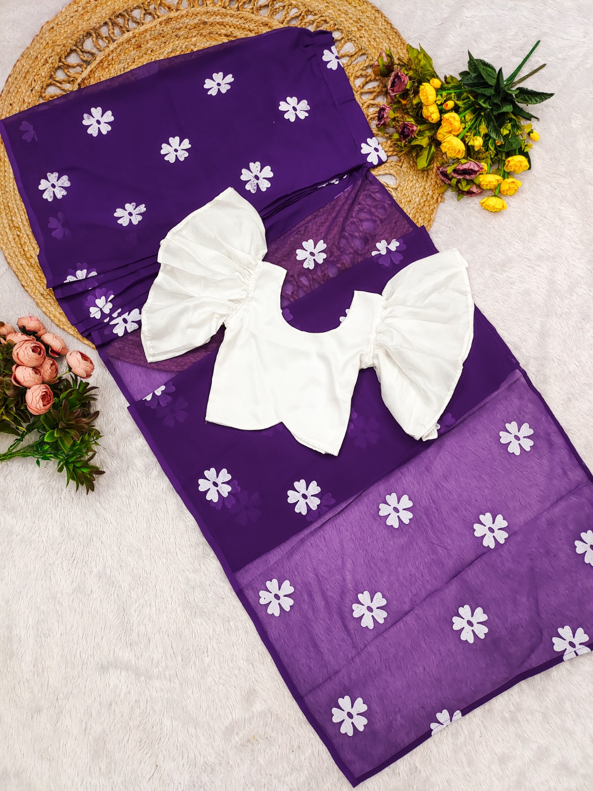 Hot Selling Faux Georgette With Foil Print Kids Saree - Image 3