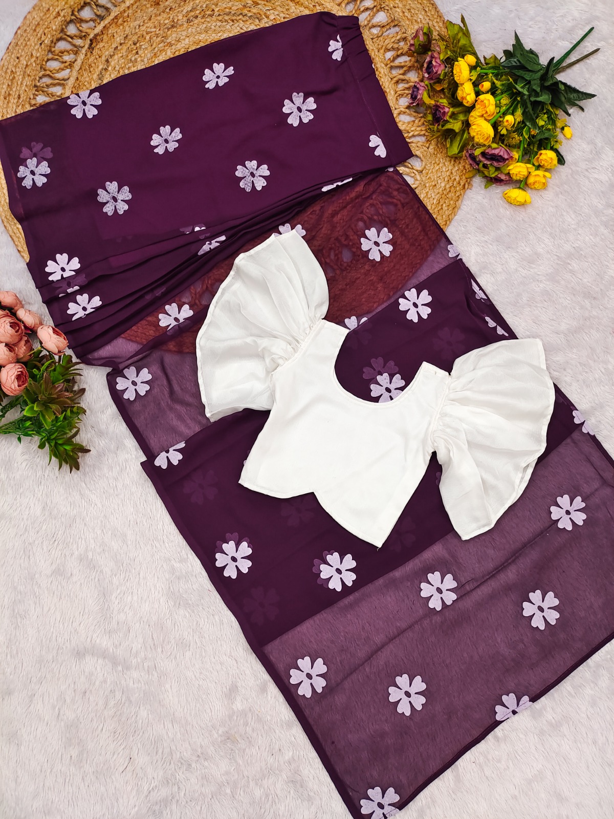 Hot Selling Faux Georgette With Foil Print Kids Saree - Image 4