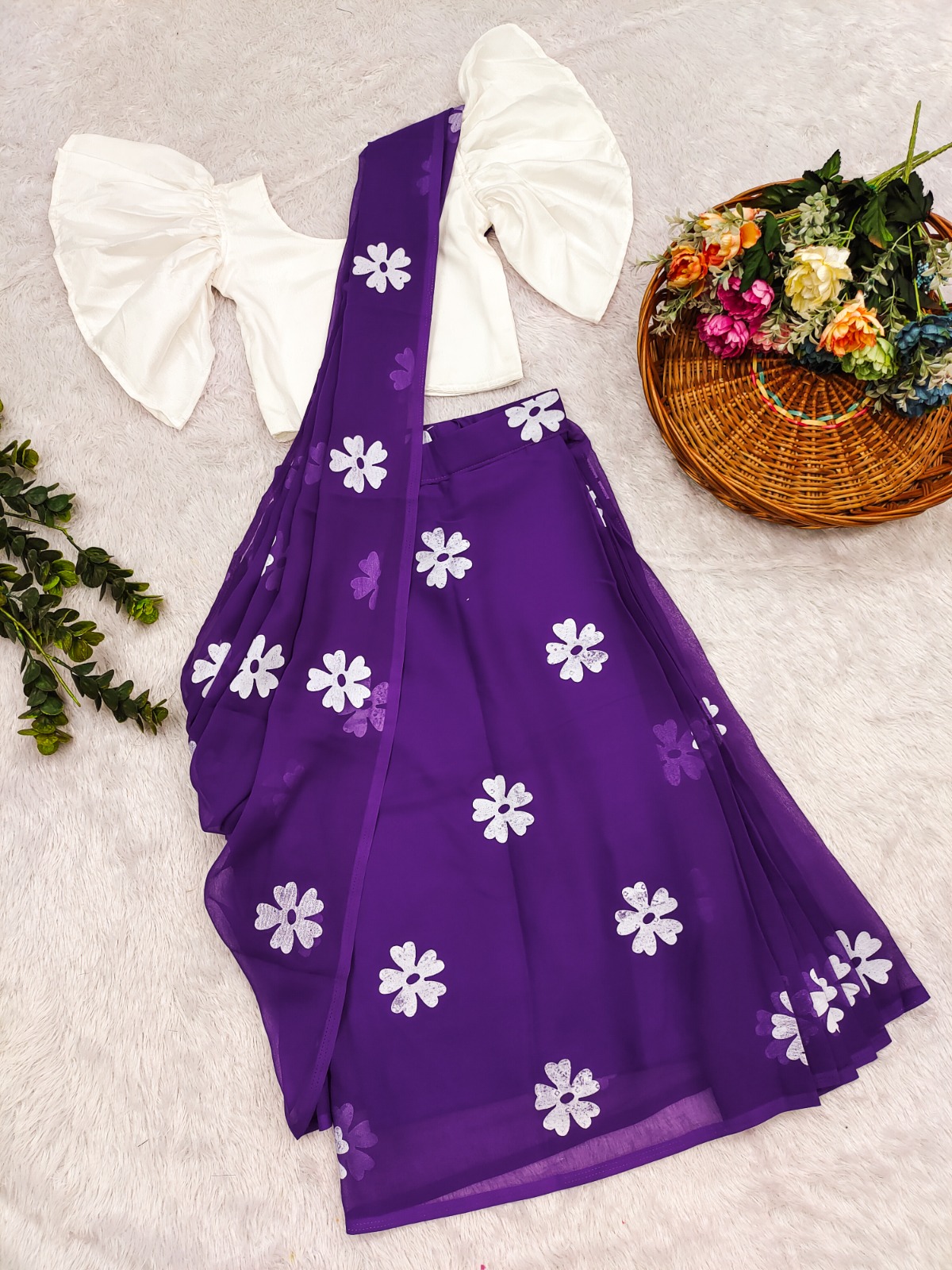 Hot Selling Faux Georgette With Foil Print Kids Saree - Image 6