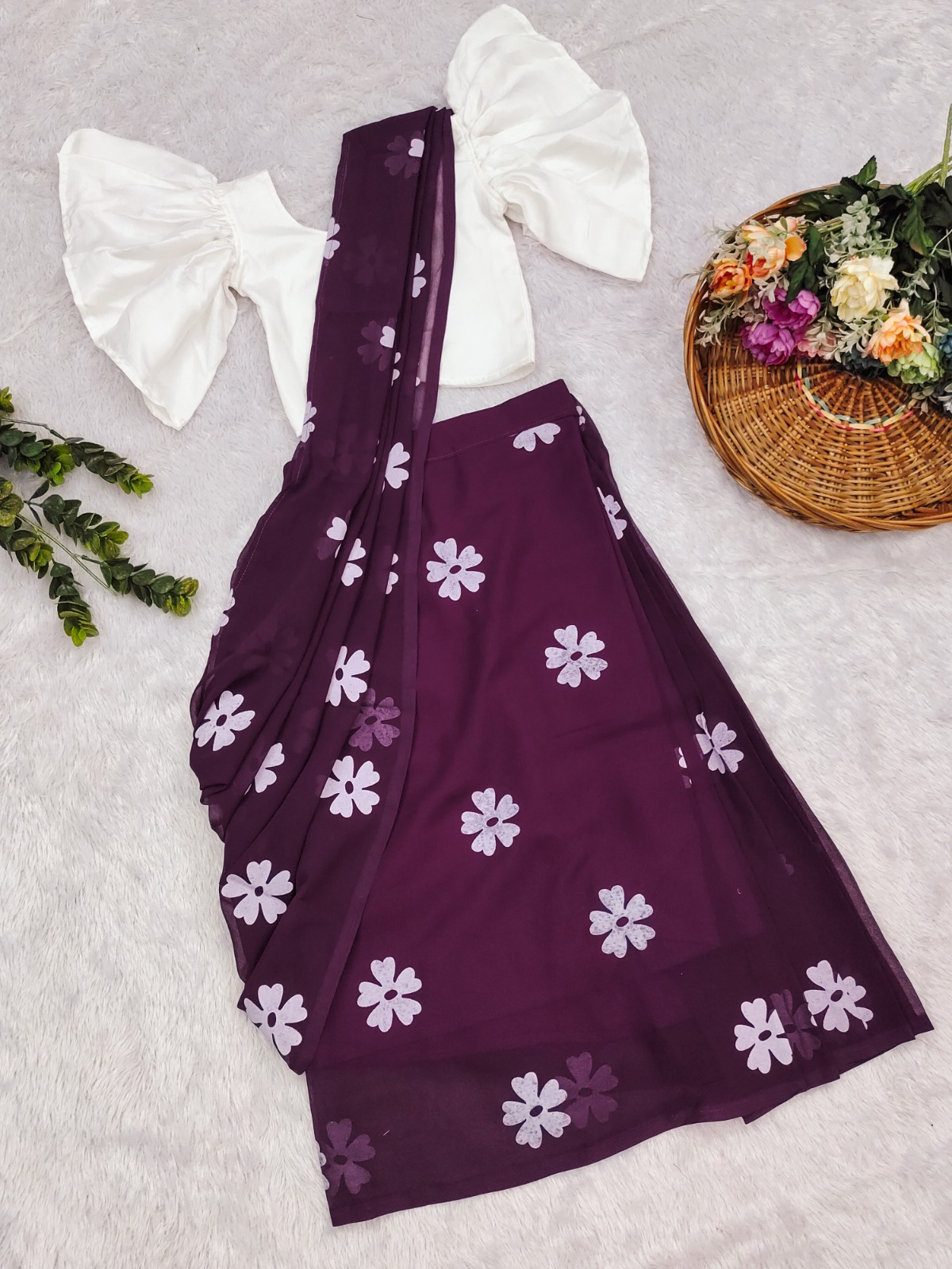 Hot Selling Faux Georgette With Foil Print Kids Saree - Image 8