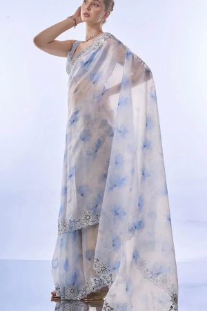 Elegant Space Silk With Print And Sequins Embroidery Saree