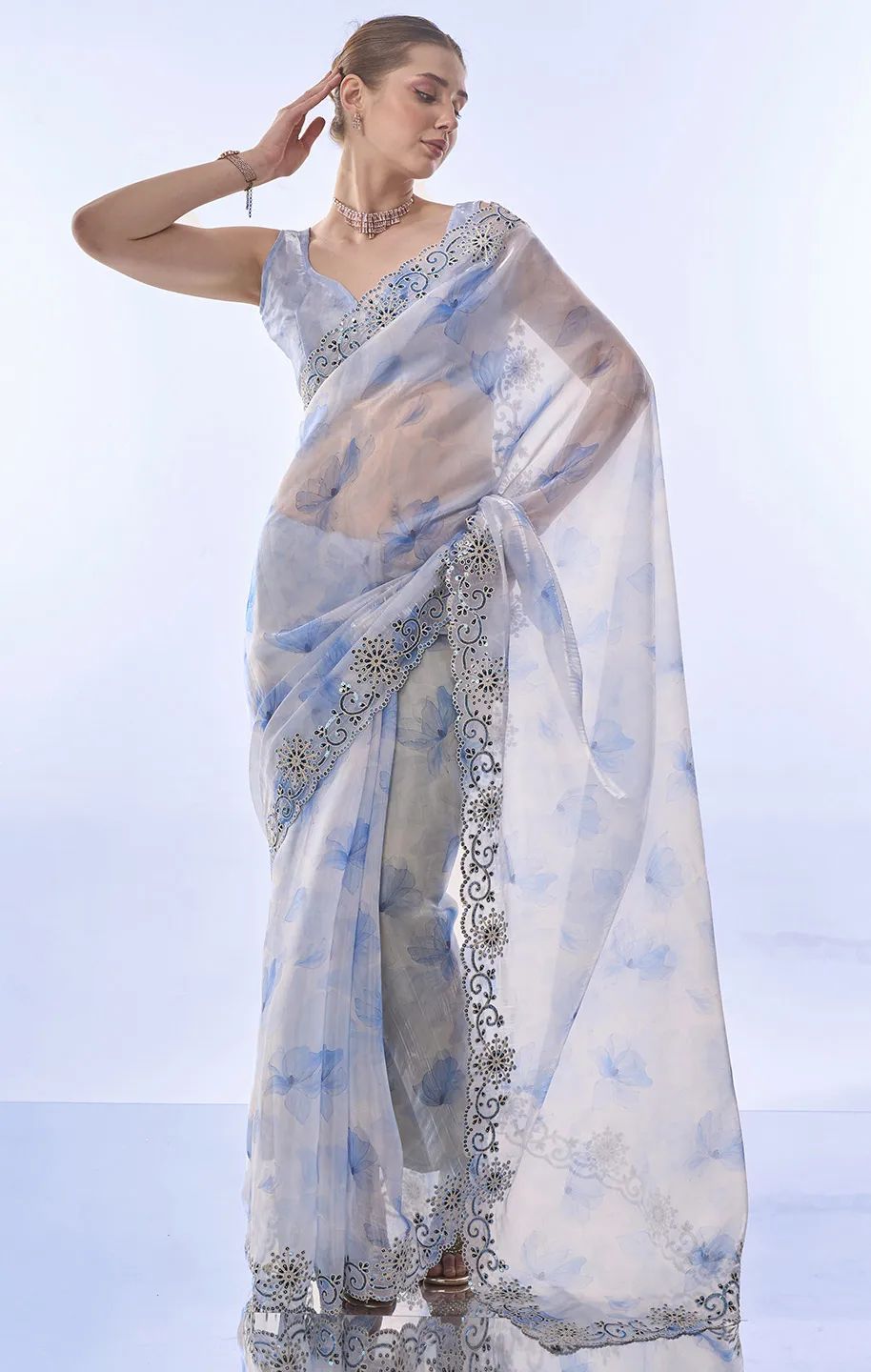 Elegant Space Silk With Print And Sequins Embroidery Saree - Image 3
