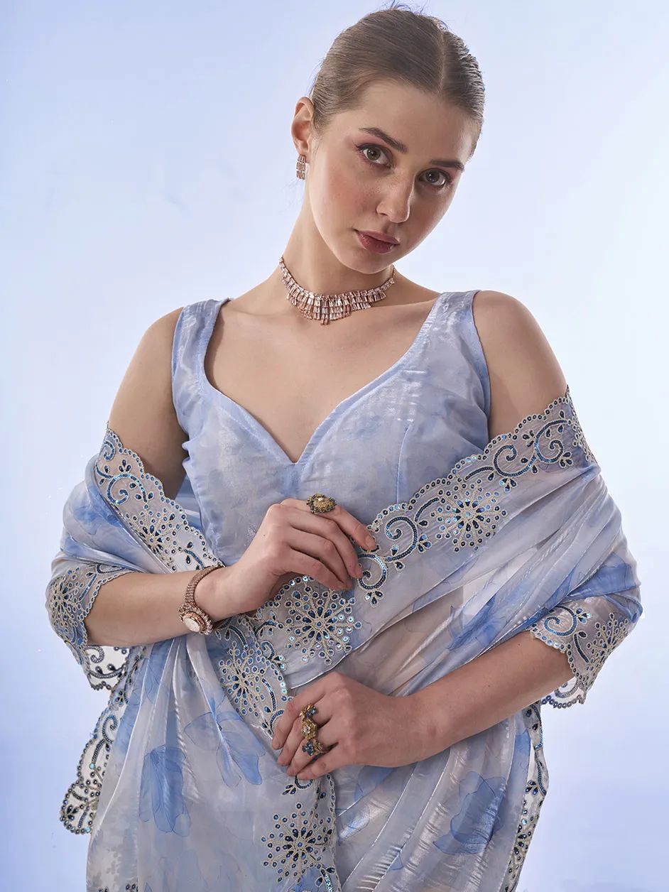 Elegant Space Silk With Print And Sequins Embroidery Saree - Image 5