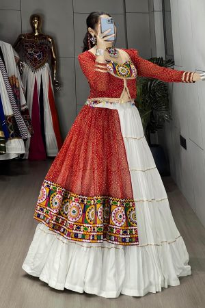 Hot Selling Rayon And Faux Georgette With Bandhanni Print And Mirror Gamthi Work Lehenga Choli