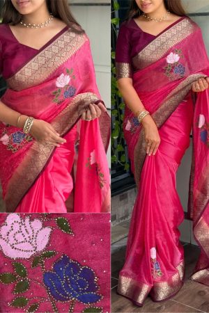 Occasional Wear Fendy Satin With Zarkhan Diamond Work Saree