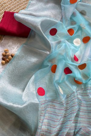 Latest Organza With Polka Dots And Zari Weaving Saree