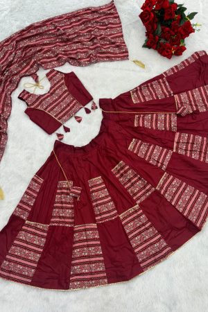 Fashionable Rayon Cotton With Print And Siroski Dimond Work Kids Lehenga Choli