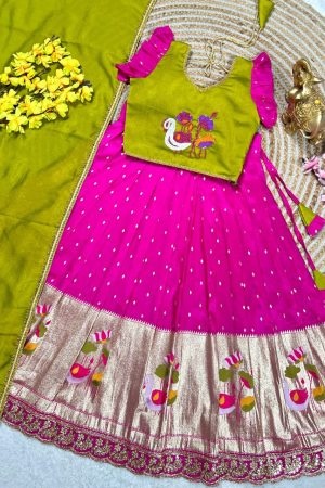 Indian Traditional Tissue Silk With Maggam Thread Work Kids Lehenga Choli