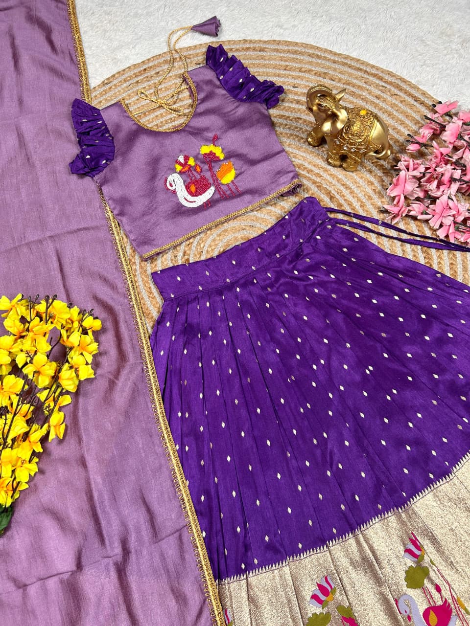 Indian Traditional Tissue Silk With Maggam Thread Work Kids Lehenga Choli - Image 5