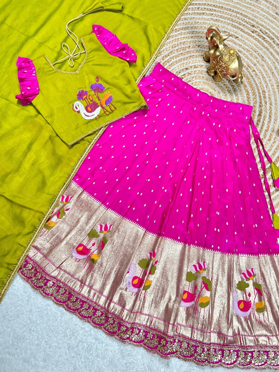 Indian Traditional Tissue Silk With Maggam Thread Work Kids Lehenga Choli - Image 8