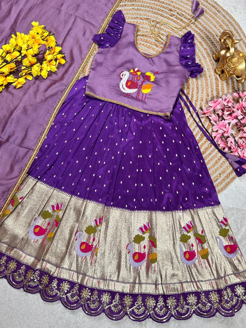 Indian Traditional Tissue Silk With Maggam Thread Work Kids Lehenga Choli - Image 11