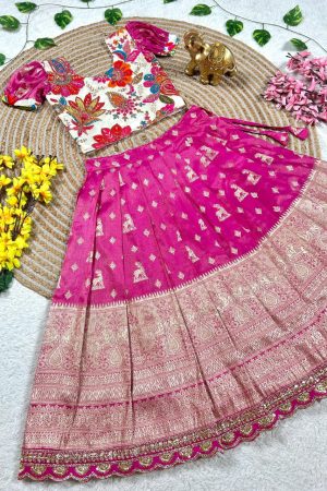 Festival Wear Cosmos Silk With Floral Weaving And Sequins Embroidery Kids Lehenga Choli