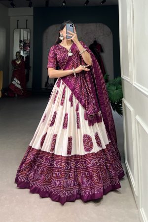 Indian Traditional Tussar Silk With Bandhej Print Lehenga Choli