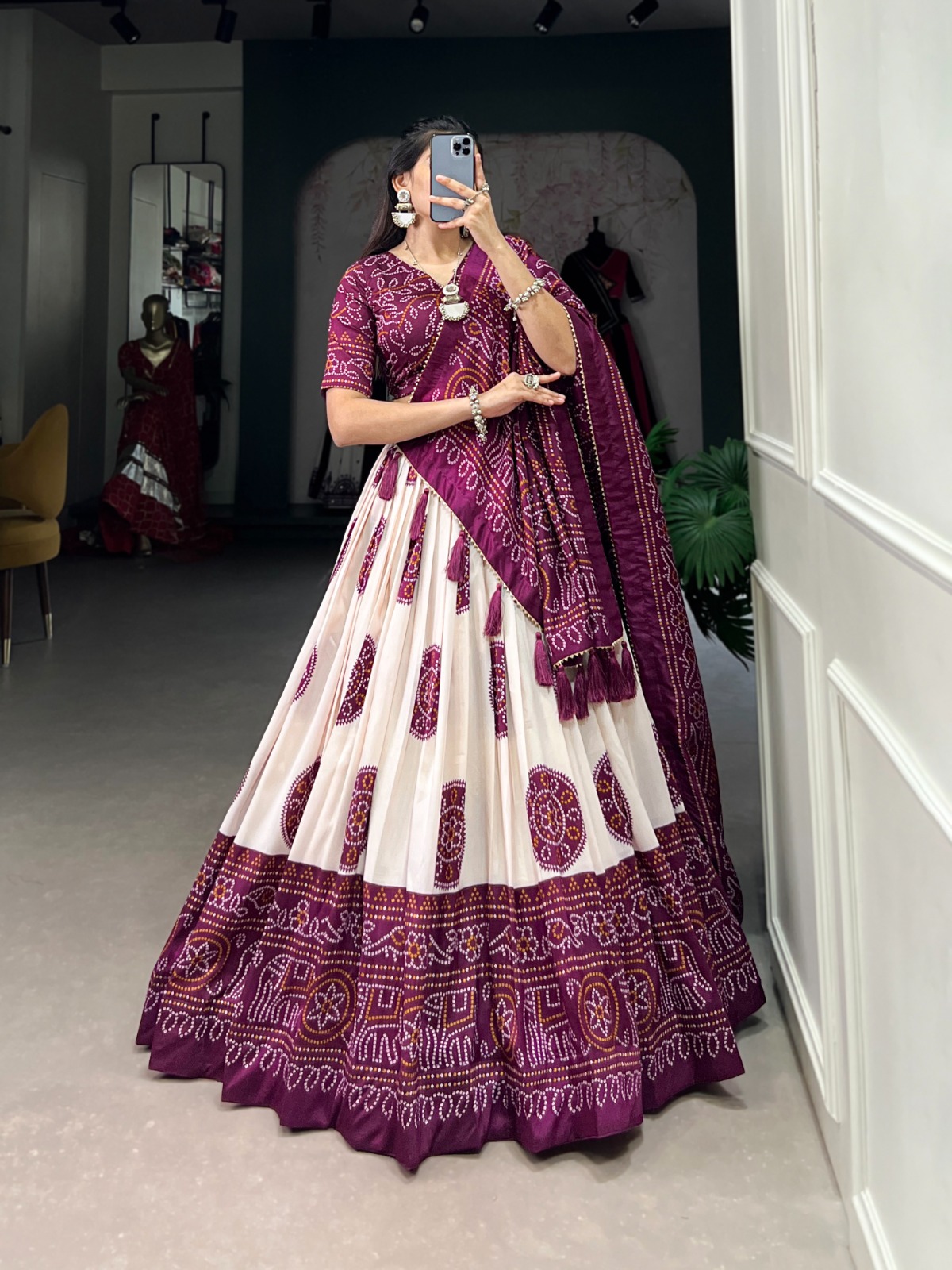 Indian Traditional Tussar Silk With Bandhej Print Lehenga Choli