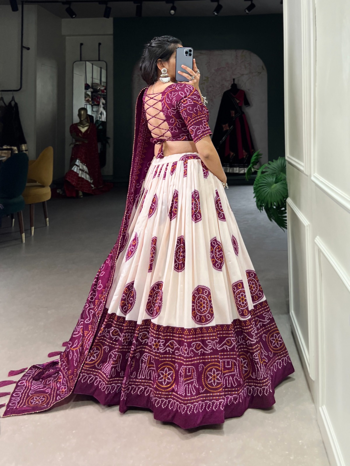 Indian Traditional Tussar Silk With Bandhej Print Lehenga Choli - Image 6
