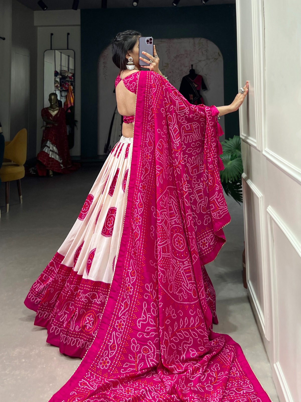 Indian Traditional Tussar Silk With Bandhej Print Lehenga Choli - Image 7