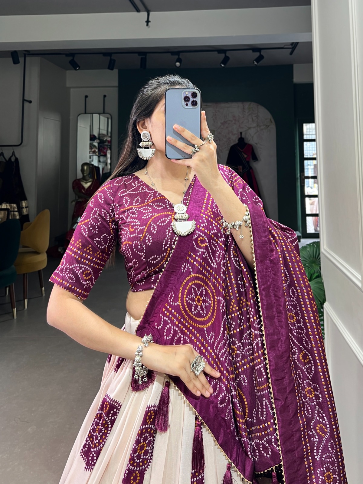 Indian Traditional Tussar Silk With Bandhej Print Lehenga Choli - Image 9