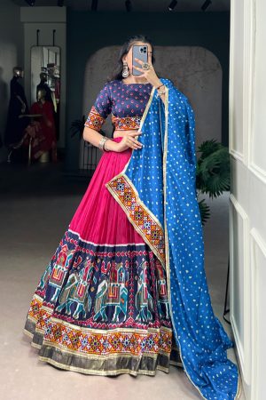 Premium Collection Tussar Silk With Bandhej And Gamthi Work Lehenga Choli