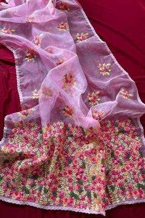 Party Wear Organza With Thread Embroidery Saree