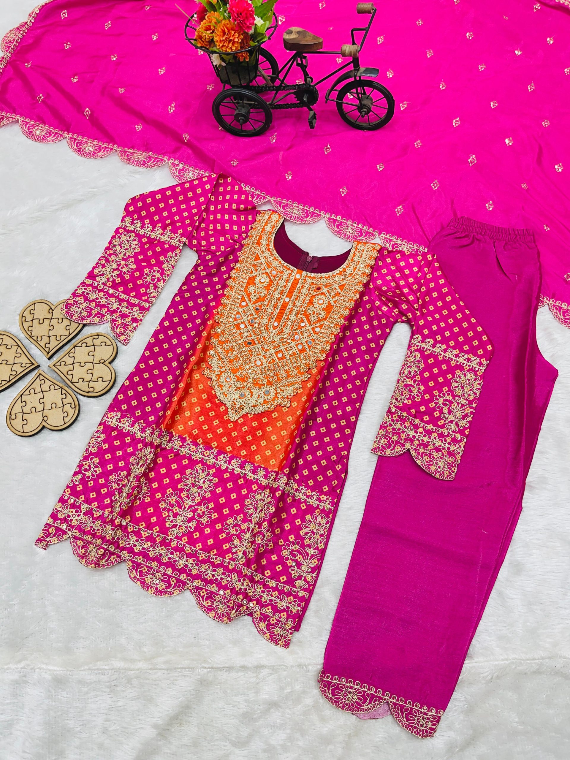 Good Quality Chinon Silk With Embroidery Coding And Sequins Work Kids Kurti Set - Image 4
