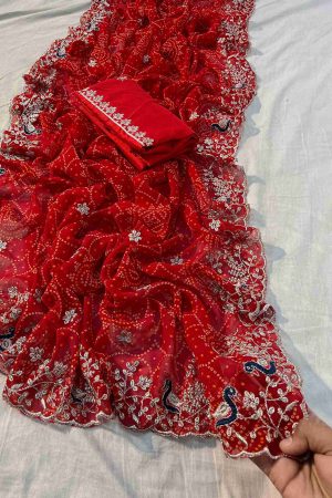 Indian Traditional Georgette With Bandhej Print And Embroidery Work Saree