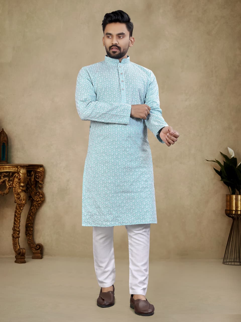 Festival Wear Thai Silk With Lucknowi Work Kurta Pajama - Image 4